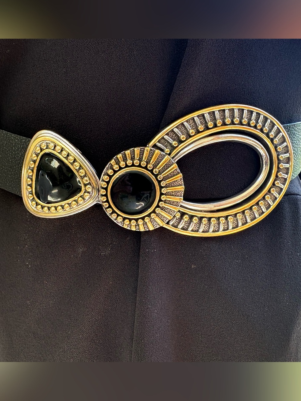 Chicos Black Leather Gold w Black Enamel Eye Buckle Adjustable Belt